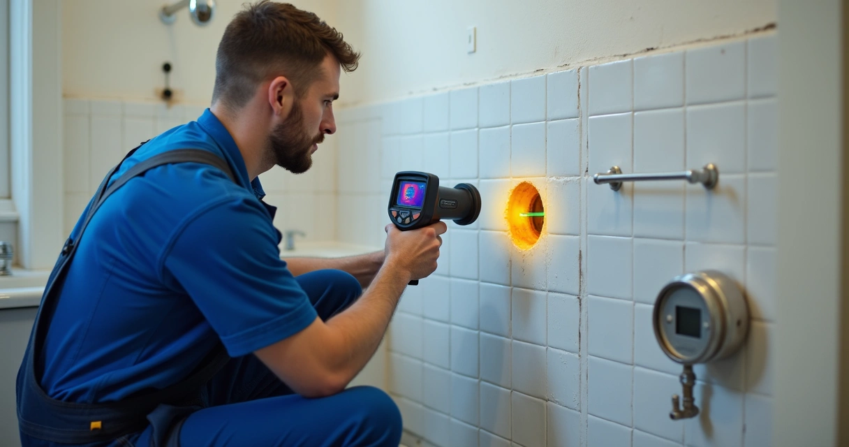 Técnico usa câmara termográfica para detetar fuga de água em parede 