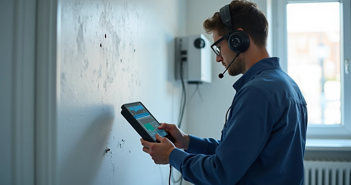 Técnico usa equipamento de ultrassom junto a parede branca 