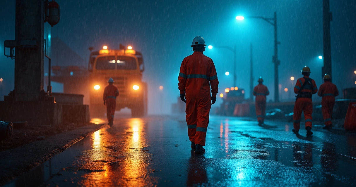Operário com EPI em obra noturna com chuva e luz artificial 