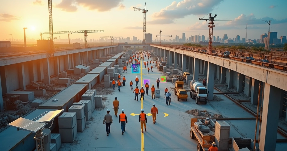 Canteiro de obras visto de cima com IA destacando capacetes e coletes dos trabalhadores 