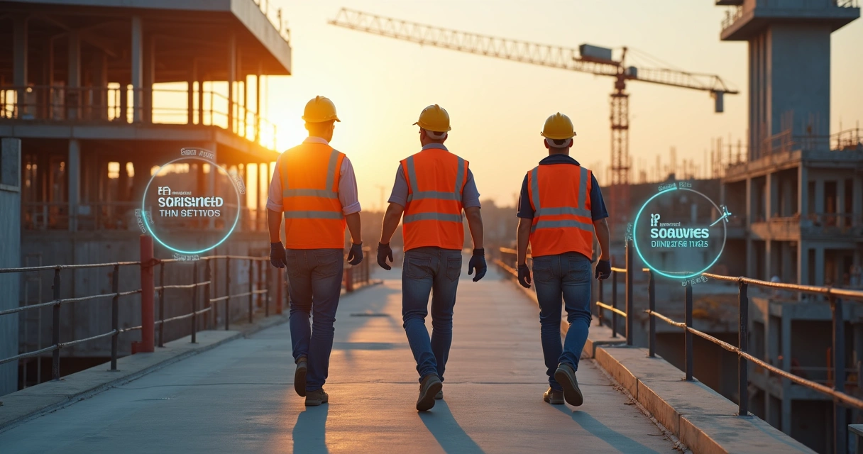 Canteiro de obras com trabalhadores e destacar visual de EPIs conferidos por inteligência artificial 
