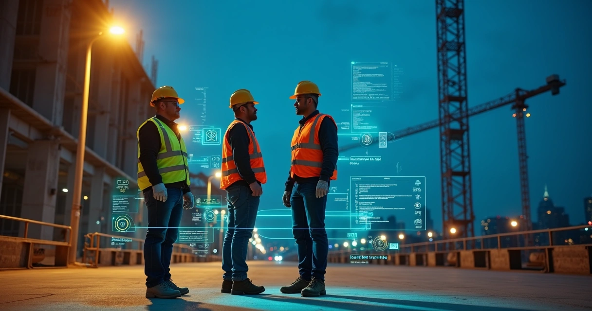Trabalhadores em obra noturna com EPIs destacados por interface de IA 