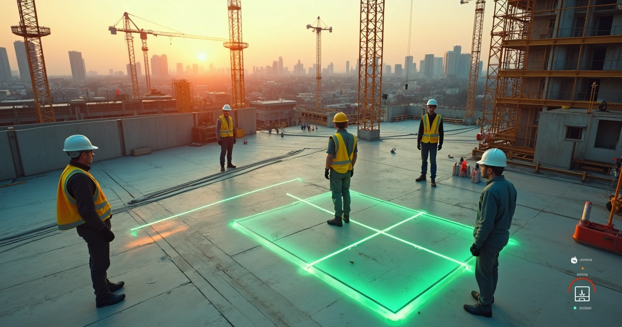 Obra vista de cima com trabalhadores usando EPI e áreas forem destacadas por interface de IA 