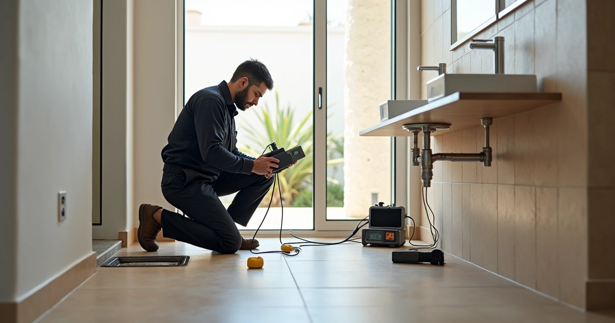 Técnico a detetar fuga de água numa casa moderna com equipamento profissional 