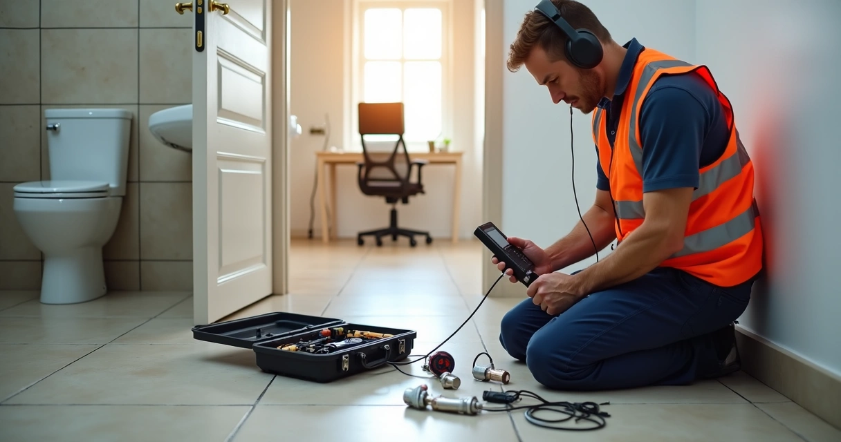 Técnico inspecionando canos com equipamento de deteção de fugas numa casa 