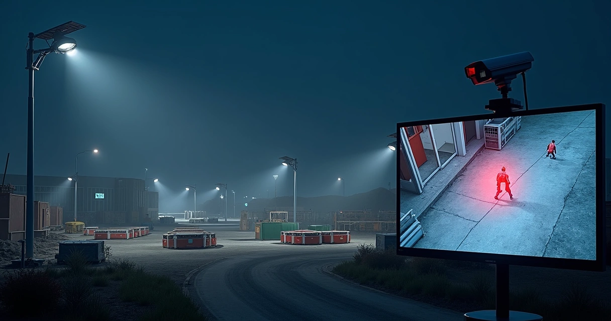 Canteiro de obras sendo monitorado à noite com câmeras de vídeo 