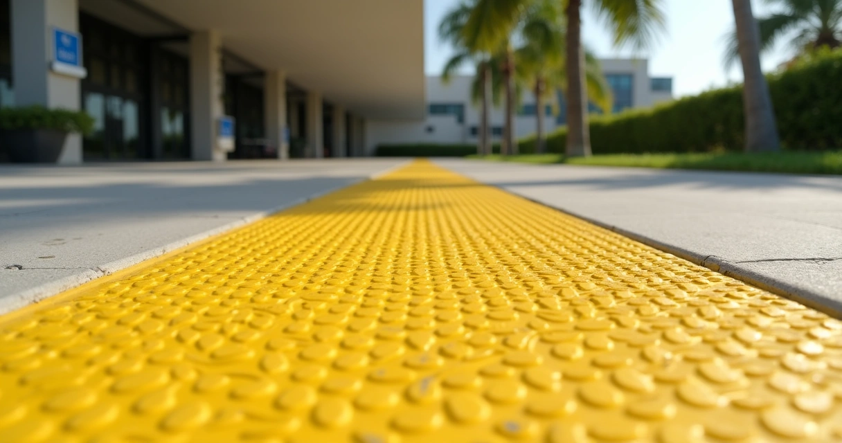 Bright yellow detectable warnings on concrete sidewalk 