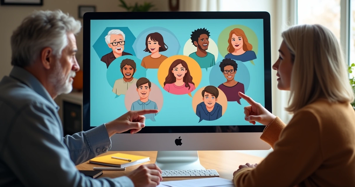 Personas observando una pantalla con avatares que representan diferentes roles en un grupo online 
