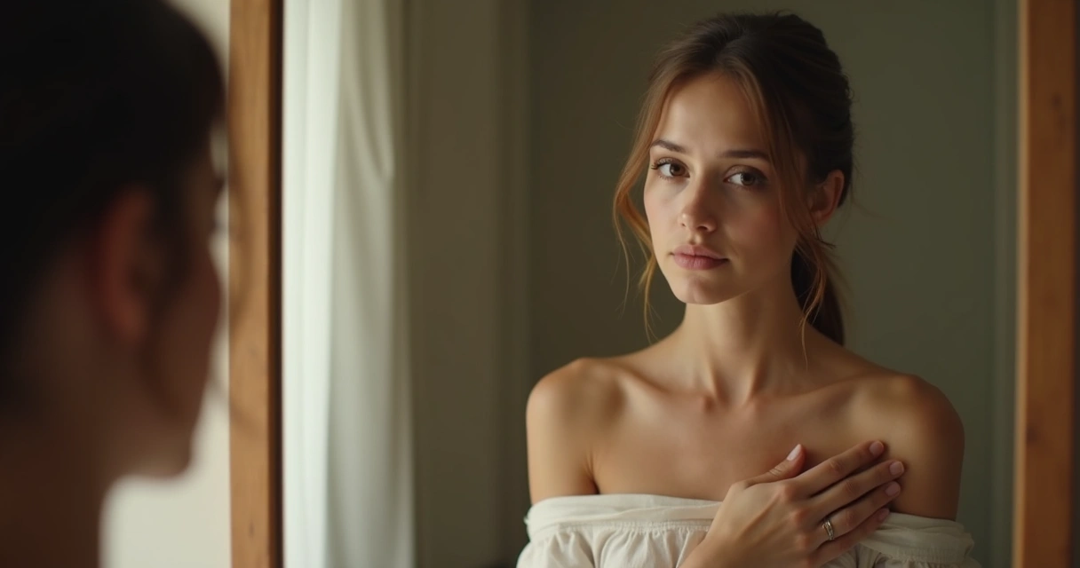 Persona mirando al espejo tocándose el pecho