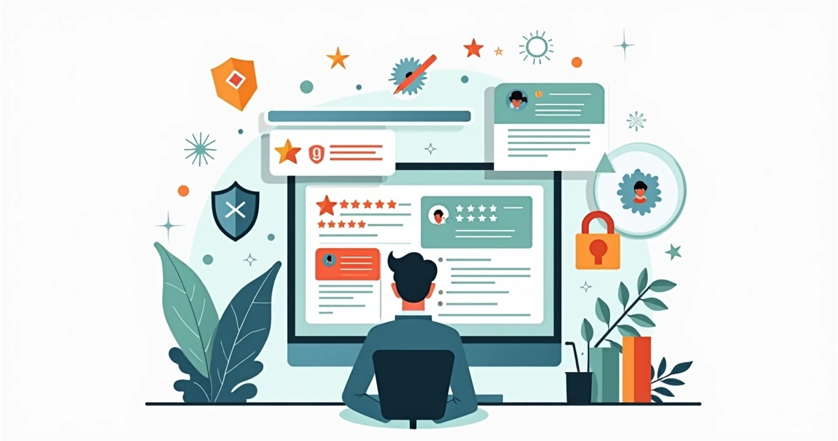 Ilustração de profissional analisando avaliações online com ícones de alerta e proteção de marca 
