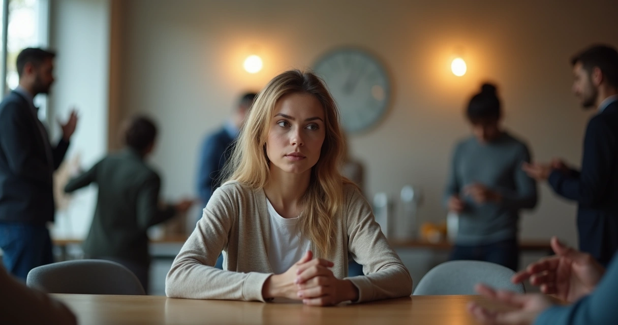 Mujer pensativa rodeada de siluetas que la manipulan emocionalmente 