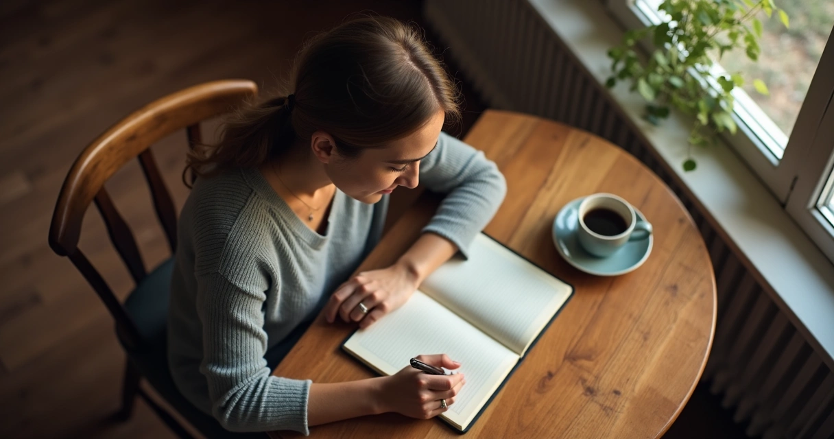 Persona escribiendo en un diario, reflexionando sobre su relación desde una mesa de madera 
