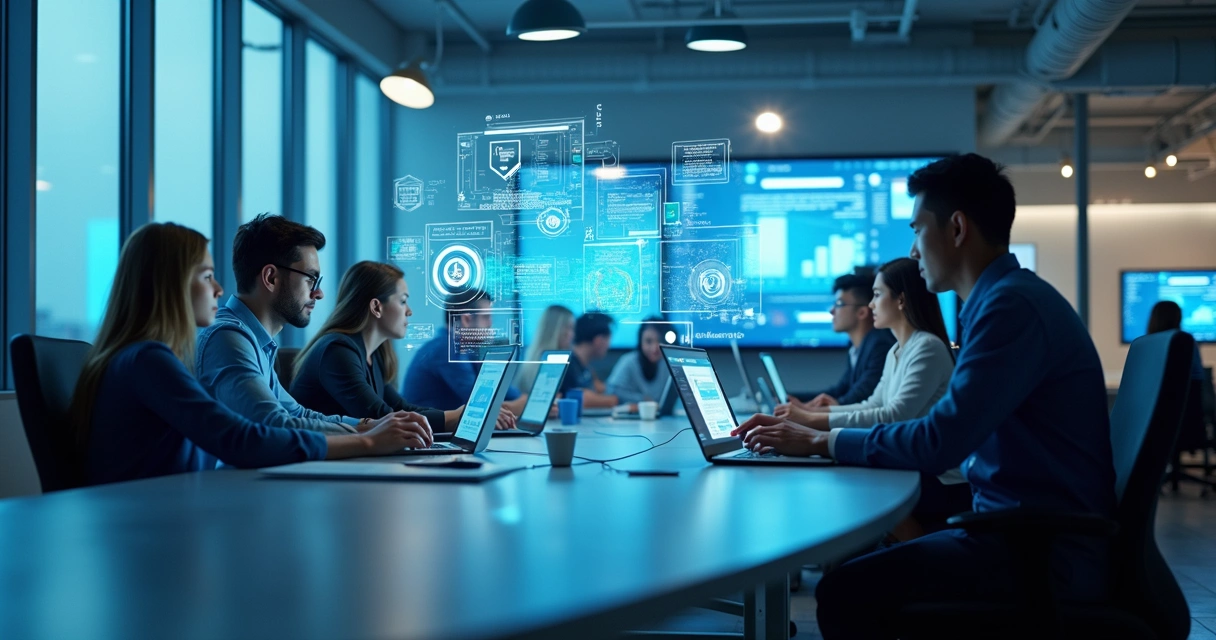Cenário corporativo com múltiplos dispositivos conectados, representando sistemas paralelos 