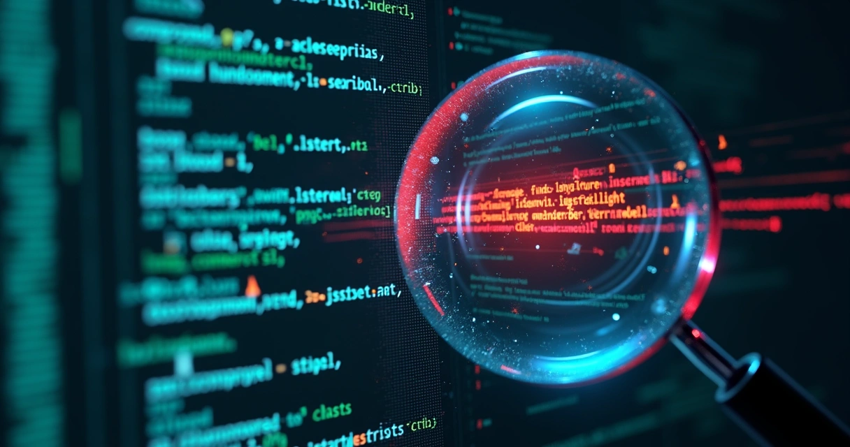 Código de site com trecho vermelho destacado como malware e lupa digital analisando a linha 