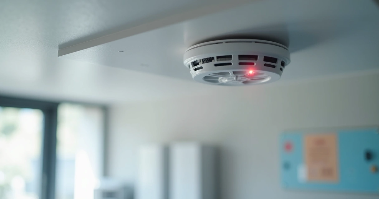 Sensor de fumaça moderno instalado no teto. 