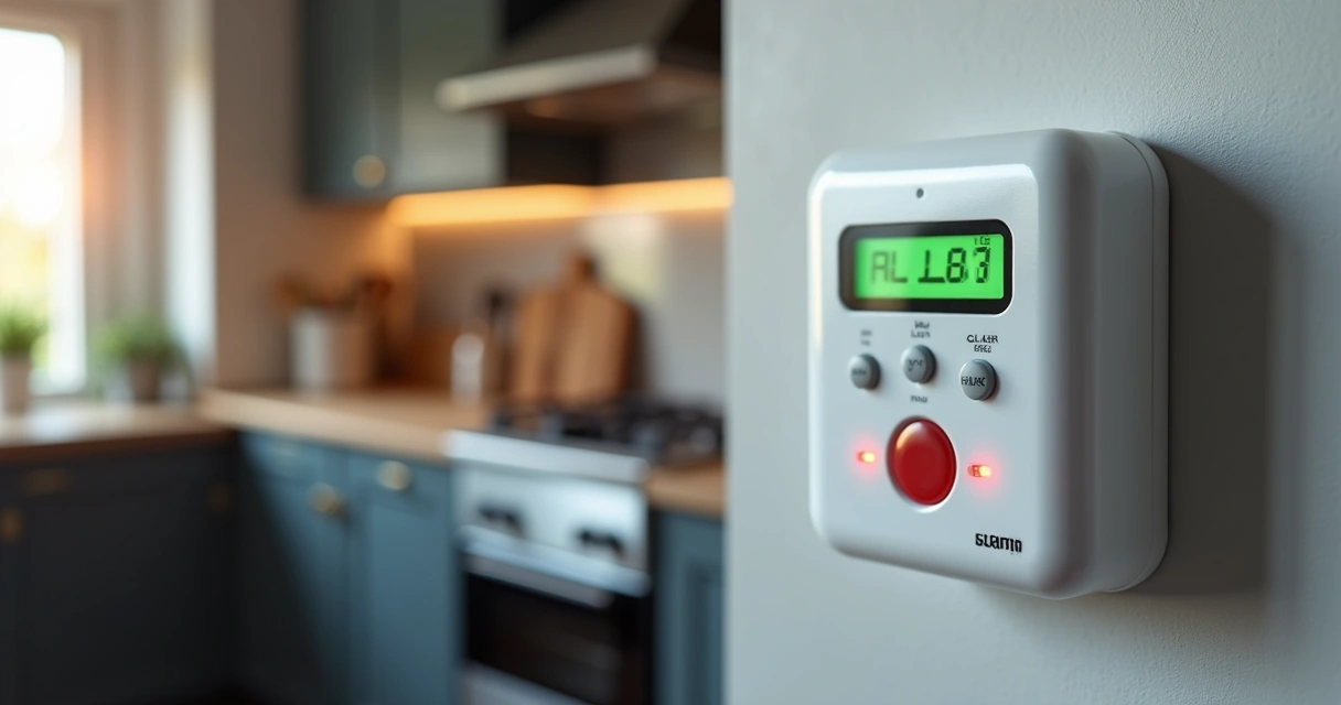 Detector digital de gás instalado em parede residencial 