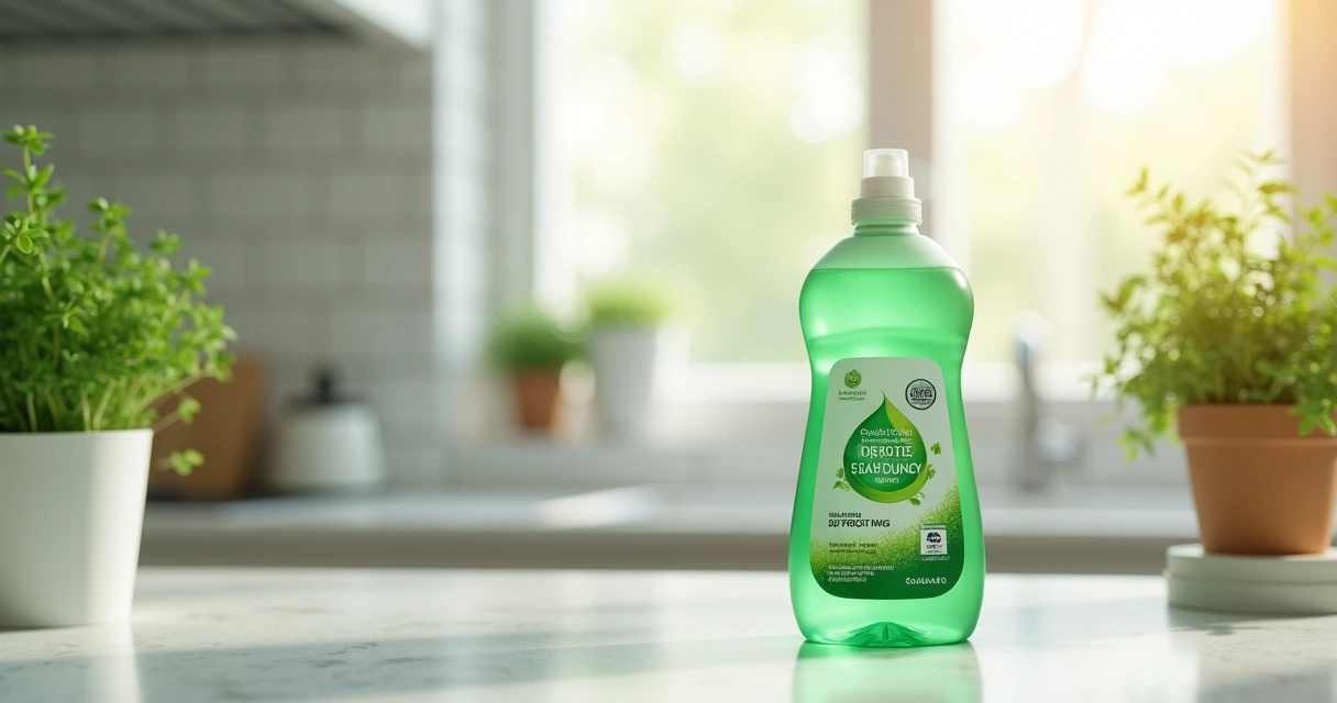 Embalagem de detergente biodegradável com selo sustentável 