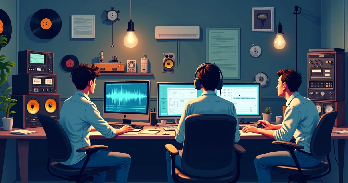 Equipe técnica analisando trilha sonora de filme antigo em computadores