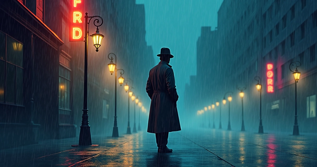 Detetive clássico noir em cenário urbano, chuva e chapéu