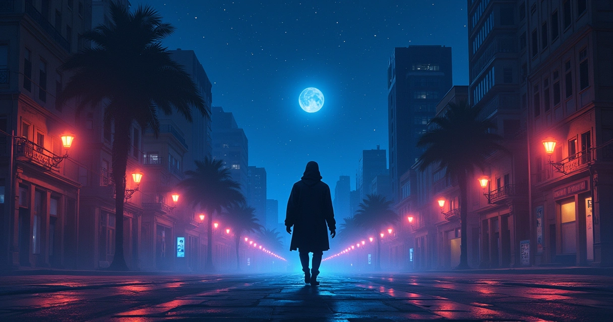 Detetive em uma rua iluminada por néons, rodeado por ícones representando habilidades em um cenário urbano noturno.