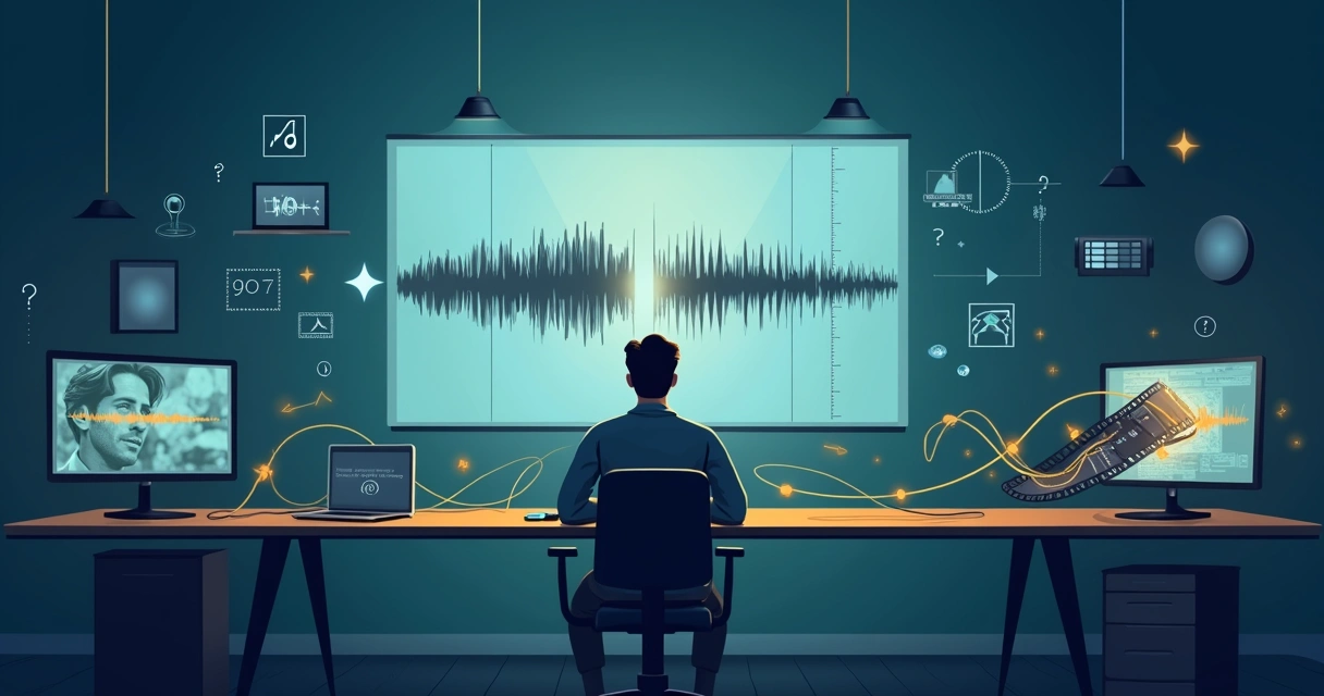 Ilustração de detetive analisando trilha sonora de filme clássico mudo 