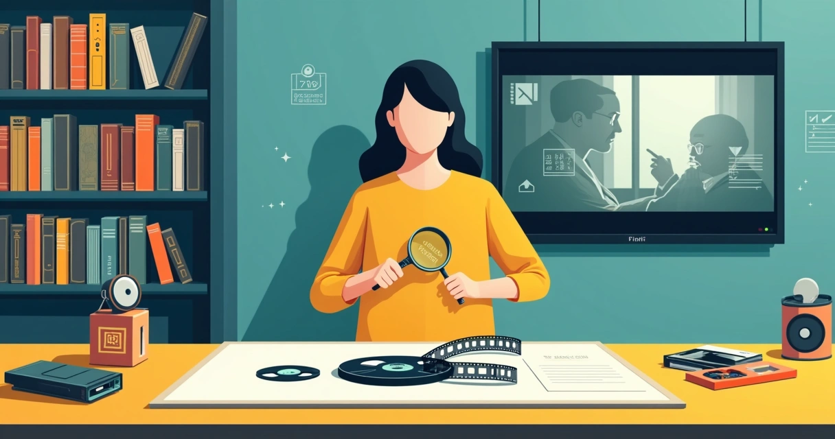 Detetive analisando antigo rolo de filme e fita VHS em ambiente retrô 