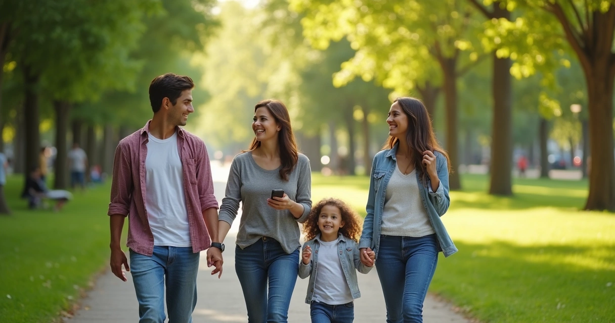 Familia caminando junta en un parque y sin móviles a la vista