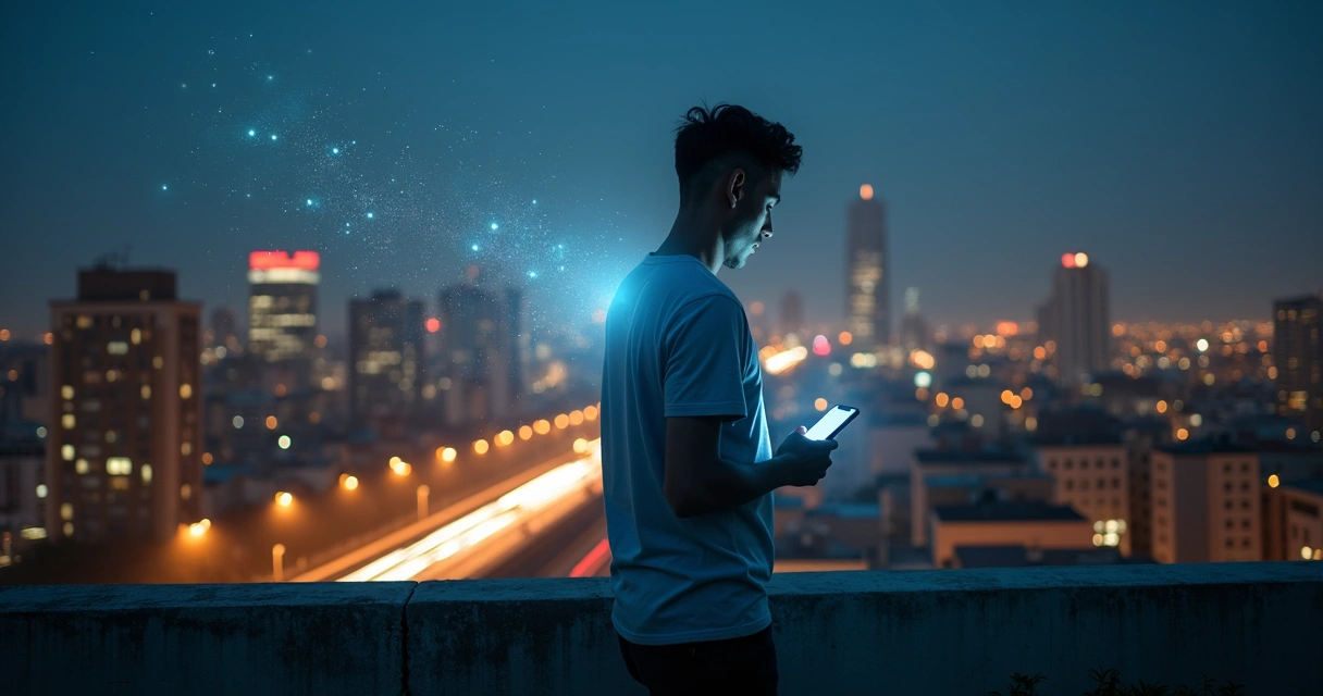Pessoa larga o celular e observa atenção plena em paisagem urbana noturna 
