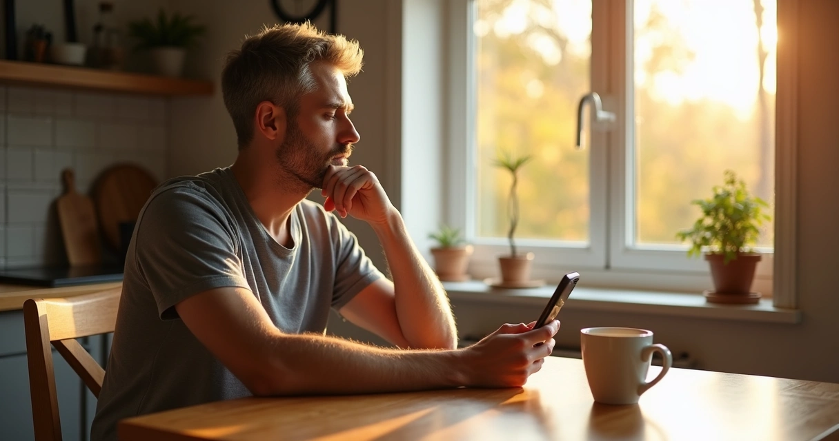 Pessoa olhando para janela com celular distante sobre a mesa