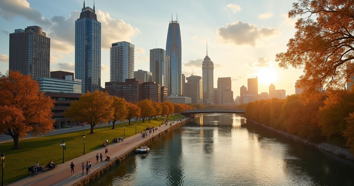 Detroit city skyline with modern and historic buildings at sunset 