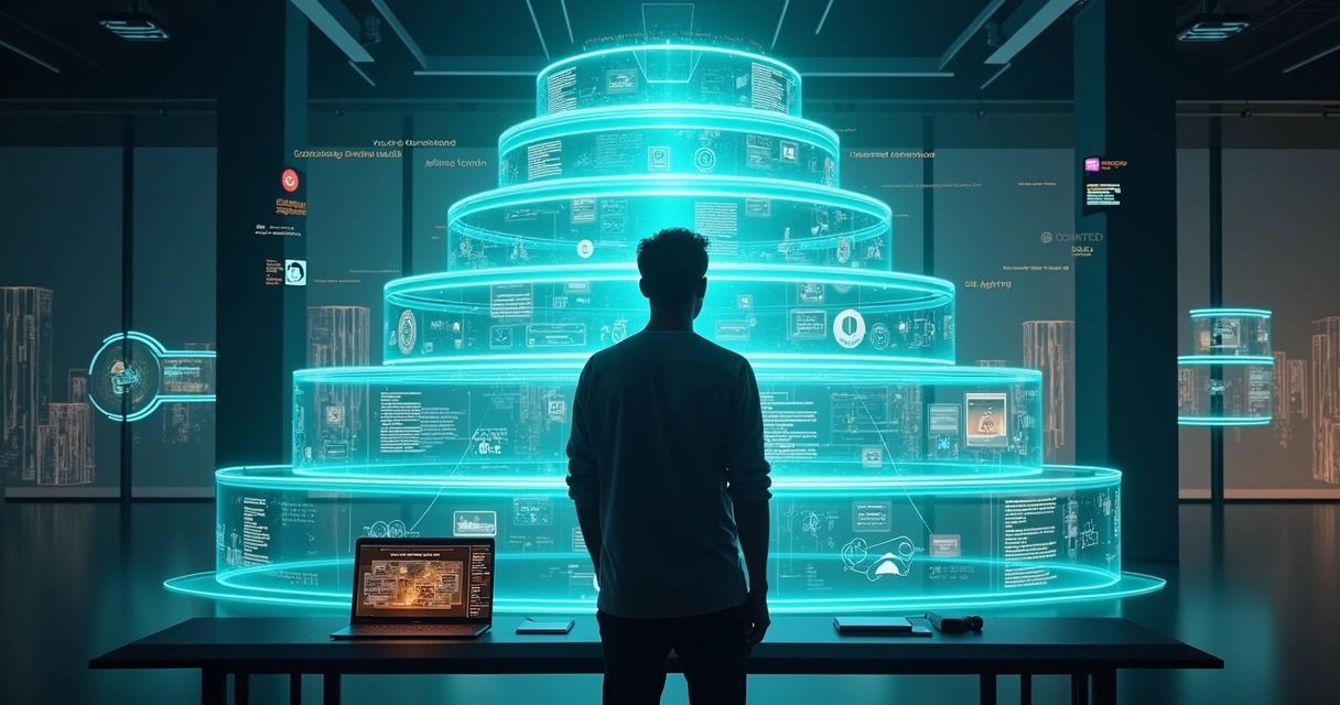 Desenvolvedor observando biblioteca holográfica de dados em ambiente futurista 