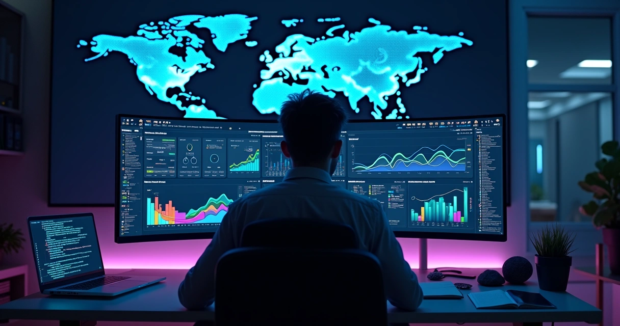Desenvolvedor analisando painel de analytics com mapa do mundo ao fundo 