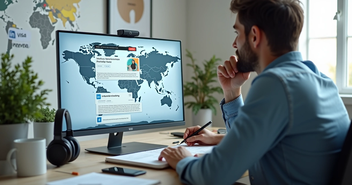 Desenvolvedor analisando oportunidades de trabalho internacionais no notebook 