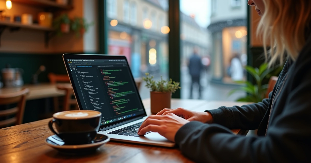 Desenvolvedor usando laptop em café irlandês 