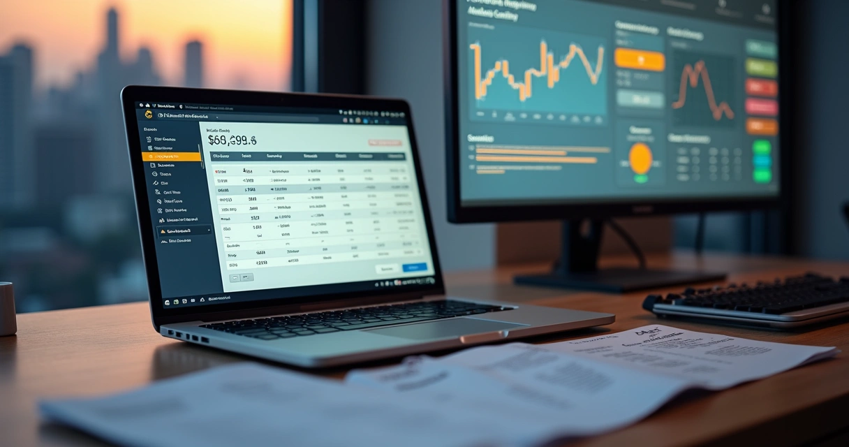 Desenvolvedor calculando salário líquido internacional em laptop com gráficos e moedas ao fundo 