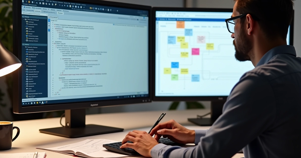 Pessoa desenvolvedora digitando documentação de código SAP ABAP em tela grande, com papéis e caneta ao lado 