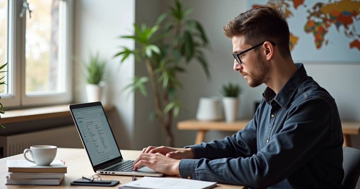 Desenvolvedor ajustando currículo em inglês no laptop 