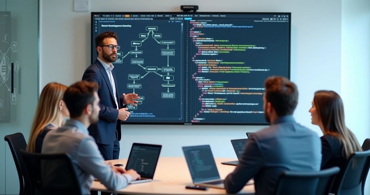Desenvolvedor gesticulando enquanto explica solução ao seu time de tecnologia 