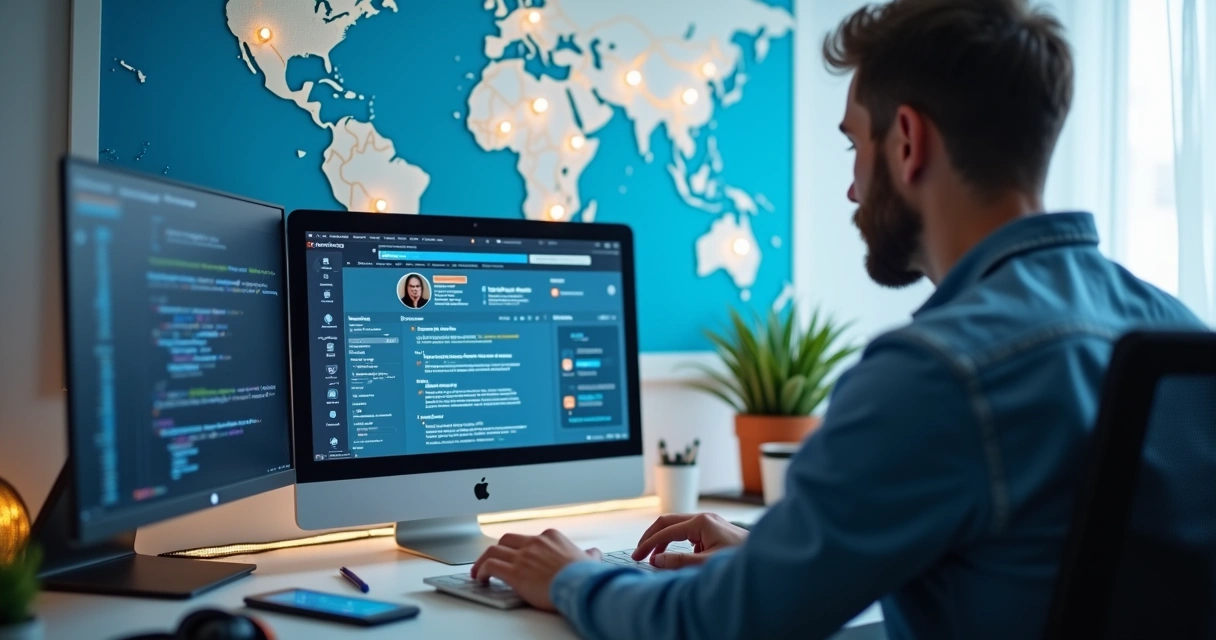 Desenvolvedor usando notebook com perfil do LinkedIn focado em oportunidades globais 