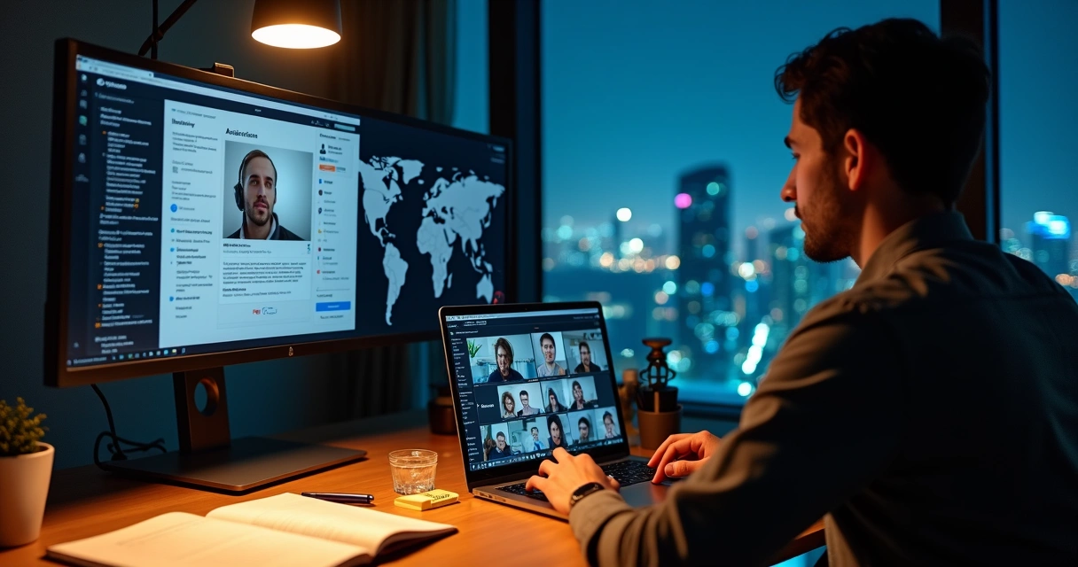 Desenvolvedor sentado em frente ao notebook em videoconferência com recrutador estrangeiro 