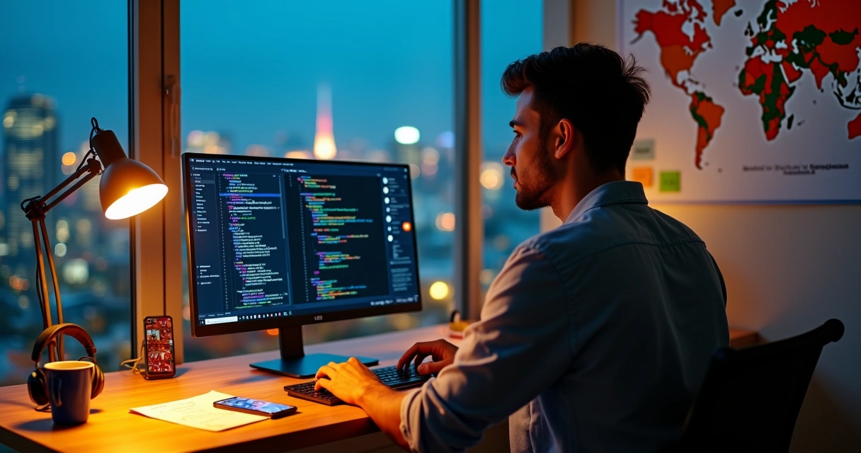 Desenvolvedor brasileiro trabalhando remotamente para empresa internacional no notebook 