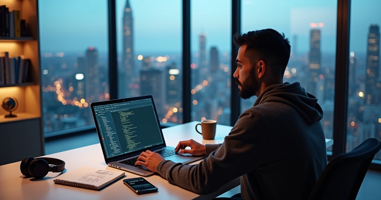 Desenvolvedor brasileiro trabalhando remotamente com cenário de cidades globais ao fundo 