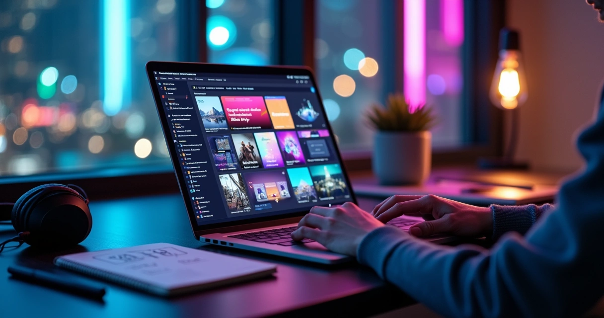 Tela de notebook com mosaico colorido de projetos de tecnologia 