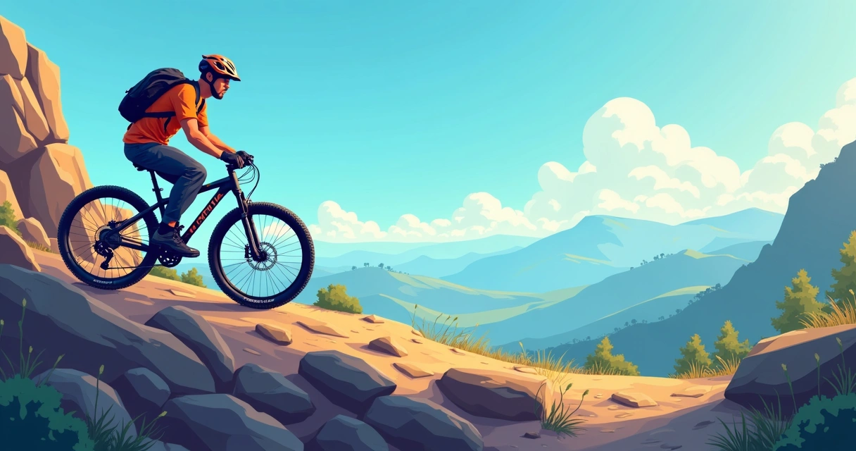 Pessoa programadora andando de bicicleta em trilha montanhosa 