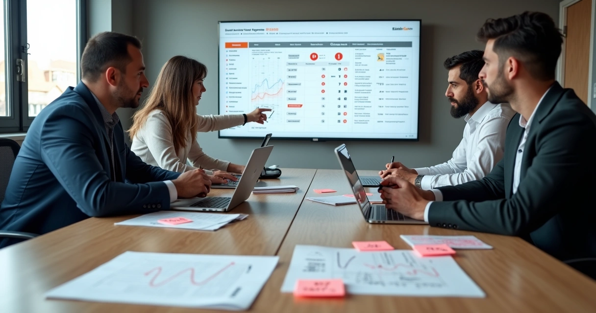 Equipe em sala de reunião analisando software de gestão da qualidade com riscos destacados em vermelho 
