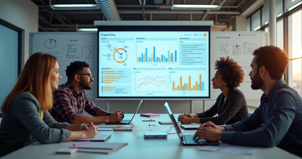 Collaborative software development team analyzing dashboard data at a meeting table 