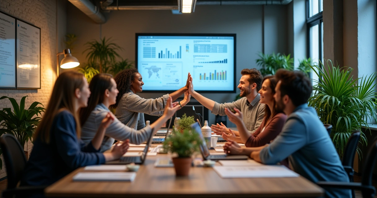 Development team celebrating project success in open office 