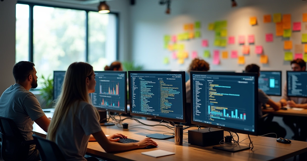 Equipe de desenvolvimento colaborando em computadores 