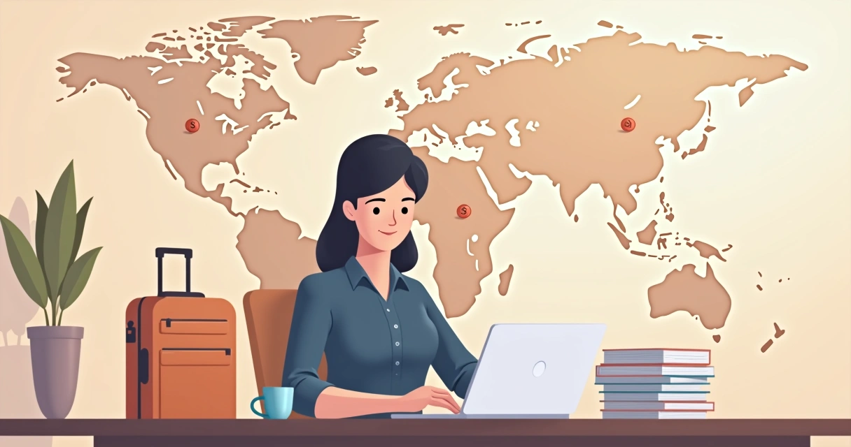 Pessoa programadora em mesa de coworking no exterior 