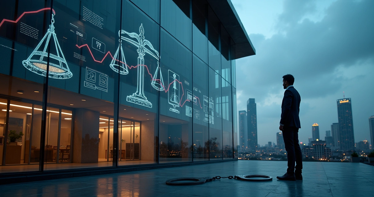 Empresário diante de prédio corporativo com sombra de algemas e balança da justiça ao fundo 